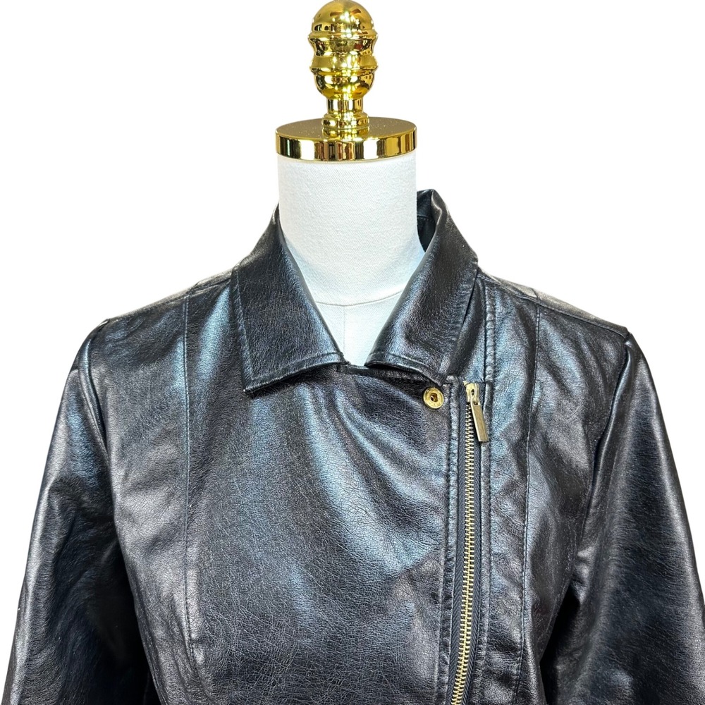 New Look Womens Black Faux Leather Moto Biker Jacket Gold Zip Size L RN 57686 - Picture 2 of 8